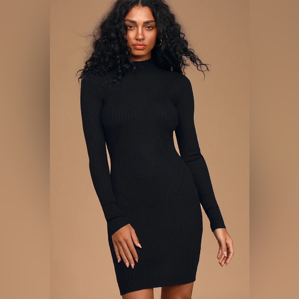 Lulu's Black Ribbed Knit Sweater Mini Dress